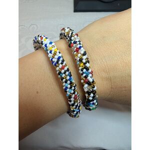 Vintage Hand Crochet Glass Seed Bead Multi Color Roll On Bangle Bracelets
